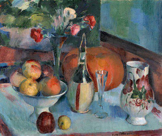Henry Ottmann Nature morte aux fruits et a la fiasque de vin Norge oil painting art